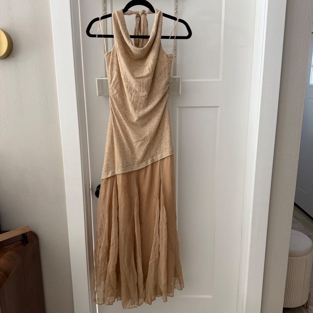 ASTR Inez Mixed Media Halter Maxi Dress Natural Tan Cowl Neck M Boho Neutral